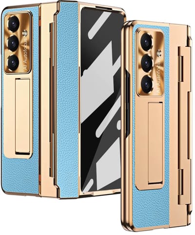 Luxe Leren Hoes – Geschikt voor Samsung Galaxy Z Fold 4 – Schokbestendig met Screenprotector, Scharnierbescherming & Standaard