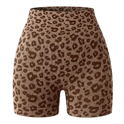Koffie bruin sport short dames – high waist fitness short – elastische yoga short met luipaardprint – aansluitende workout short voor yoga fitness training en hardlopen – sportieve korte fitness broek – maat S