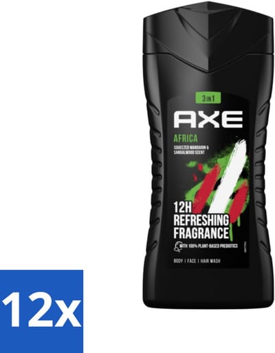 Axe - 3-in-1 Douchegel - Africa - Squeezed Mandarin & Sandalwood - 12hrs Long Lasting Scent - 250 ml - Voordeelverpakking - 12 stuks