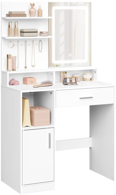 A.U.D Essentials - Cosmetische tafel - Kaptafel - Make-up tafel - Bureau - Led verlichting - Spiegel - 3 Planken - Wit