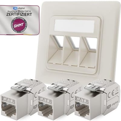 3-poorts CAT 8 netwerkcontactdoos inbouw met Keystone module – tot 40 Gbit/s – zuiver wit