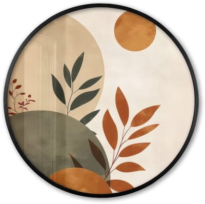 Poster in lijst Rond - Fotolijst 60x60 cm - Posters - Vormen - Rond - Bladeren - Beige - Ronde posterlijst zwart - Decoratie - Wanddecoratie woonkamer - Muurdecoratie slaapkamer