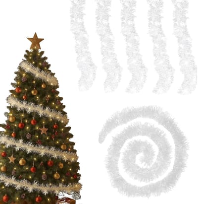 Dailygoods- Kerstslinger 5 x 2 m - Witte Sneeuwvlokken - Pluizig Lametta - Decoratie voor Kerstboom/Woonkamer - Geschikt voor Feestjes - PET-kunststof - Kerstdecoratie