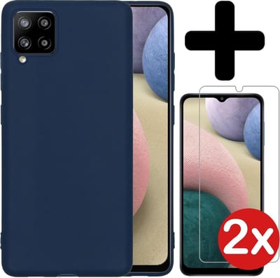 Hoesje - Met 2x Screenprotector - Geschikt voor Samsung Galaxy A12 - Sterk & Shockproof - Telefoon Hoes - Back Cover - Siliconen Case - Telefoonhoes - Donkerblauw