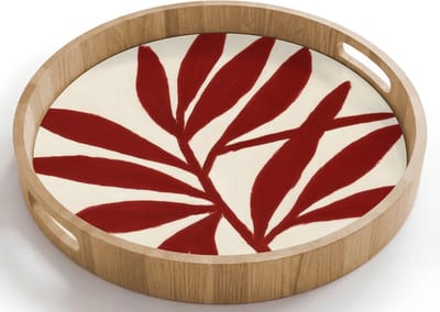 Dienblad rond 40x40 cm - Schootdienblad hout - Tak - Bladeren - Rood - Borrelplank rechthoek - Plateau houten dienbladen