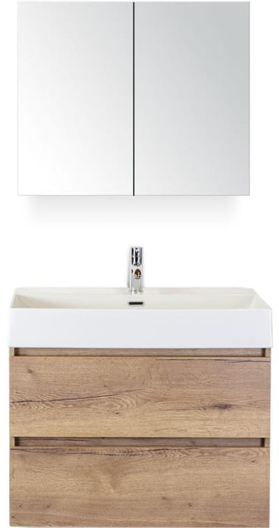 Maxx XL Badmeubelset 80 cm - Natuur Eiken - Wastafel Kube 1 Kraangat met Spiegelkast