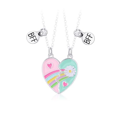 Bixorp Friends BFF Ketting voor 2 met Roze en Blauw Hartje - Zilverkleurig - Madeliefje & Regenboog - Magnetische Vriendschapsketting - Twee Helften Best Friends - Vriendschap Cadeau voor Twee