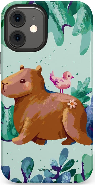 Casetastic Hoesje Geschikt voor Apple iPhone 12 Mini - Stijlvolle Beschermende Duo-layer Case - Capibara Vogeltjes Vriend