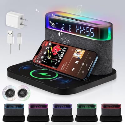 Digitale Wekker - Nachtkastklok Speaker - Wakker Worden - Draadloos Opladen - 1200mAh Batterij - Zwart