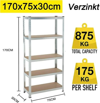 D&A Stellingkast - Opbergrek - Kast - Opbergkast - 5 laags verstelbare rekken - 175x75x30cm - Maximaal draagvermogen 875kg