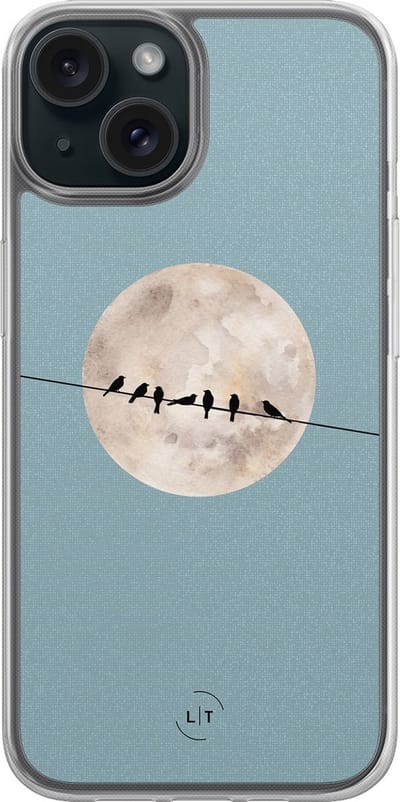 Hoesje geschikt voor iPhone 15 - Moon birds - 2in1 backcover - Print / Illustratie - Blauw - Leuke Telefoonhoesjes