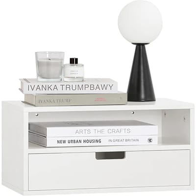 SoBuy Zwevend Nachtkastje met Lade – Hangend Nachttafeltje, Wandplank, Ruimtebesparende Bijzettafel Slaapkamer – Wit, 45x25x22cm – NKD03-W