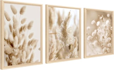 Set van 3 Ingelijste Canvas Schilderijen Botanische Wilde Bloemen Beige Pluimgras Salie Bloemdesigns
