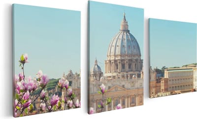Artaza Canvas Schilderij Drieluik Sint Pietersbasiliek in Rome met Bloemen - 120x60 - Foto Op Canvas - Canvas Print