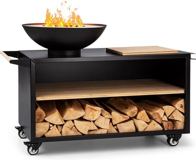 blumfeldt Vuurschaal Savage 2.0 Wide met grill bamboe snijplank incl. regenhoes - 59 cm 11 kg - voor Tuin - Staal - Zwart - Hout Op Wieltjes - Vuurkorf Feuerschale Fire Bowl Tuinhaard