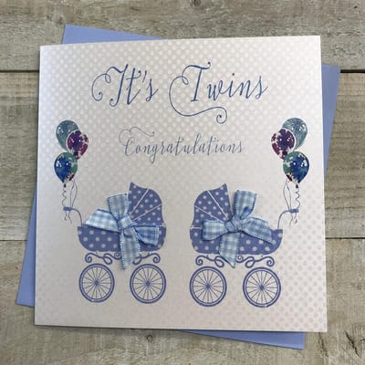 Handgemaakte Gefeliciteerd Kaart Tweeling Jongen Blauwe Kinderwagen - 16x16 cm Katoen