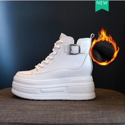 Echt Leer PU Lente Herfst Enkellaarsjes Dames Platform Gedempte Wedge Hoge Chunky Sneakers Mode Schoenen 8CM hak 37 black