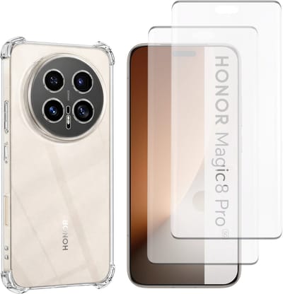 Hoesje geschikt voor Honor Magic 8 Pro backcover Shockproof siliconen Transparant en 2 stuks Screenprotector Gehard Glas