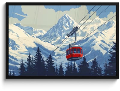 Poster in lijst - Fotolijst 90x60 cm - Posters - Kabelbaan - Sneeuw - Berglandschap - Posterlijst zwart - Decoratie - Wanddecoratie woonkamer - Muurdecoratie slaapkamer