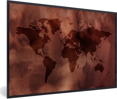 Poster in lijst - Fotolijst 90x60 cm - Posters - Wereldkaart - Sepia - Textiel - Posterlijst zwart - Decoratie - Wanddecoratie woonkamer - Muurdecoratie slaapkamer