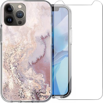 Hoesje geschikt voor iPhone 13 Pro - Siliconen Shock Proof Case Back Cover Hoes Marmer Roze + Screenprotector Gehard Glas Screen Protector