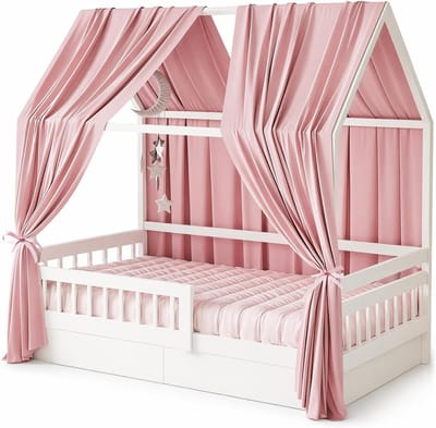 Huisbed hemel met mousseline, 2 stuks, stoffen baldakijn voor kinderbedden, decoratie voor meisjes en jongens, 350 x 135 cm (h x b)