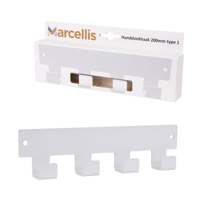 Marcellis - 1x Industriële handdoekhaak - handdoekhouder - ophanghaak - 4 haken - mat wit - staal