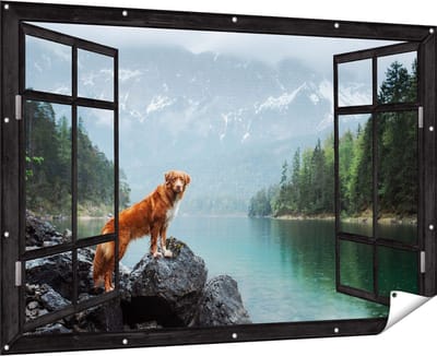 Gards Tuinposter Doorkijk Retriever Hond bij het Water in de Bergen - 180x120 cm - Tuindoek - Tuindecoratie - Wanddecoratie buiten - Tuinschilderij