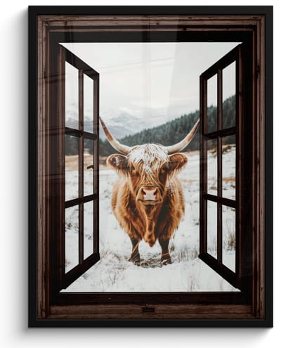 Poster in lijst - Fotolijst 50x70 cm - Posters - Schotse Hooglander - Landschap - Landelijk - Bergen - Winter - Doorkijk - Donker - Posterlijst zwart - Decoratie - Wanddecoratie woonkamer - Muurdecoratie slaapkamer
