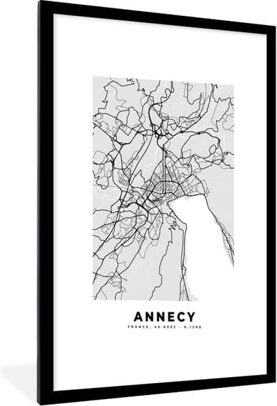 Fotolijst incl. Poster - Annecy – Plattegrond - Frankrijk – Kaart – Stadskaart - 60x90 cm - Posterlijst