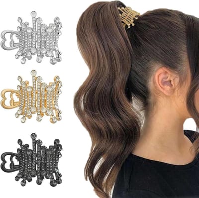 Allecto Plus - Set van 3 hoge paardenstaart-clips met strass voor een modieuze look - Haarspelden voor hoge paardenstaart (goud, zilver, zwart)