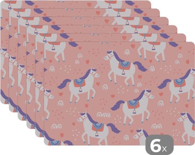Placemat - Placemats kunststof - Paard - Hart - Patronen - 45x30 cm - 6 stuks - Hittebestendig - Anti-Slip - Onderlegger - Afneembaar