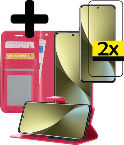 Hoesje - Met 2x Screenprotector - Geschikt voor Xiaomi 12 - Luxe Pasjeshouder - Bookcase Portemonee - Flip Case - Kunstleer Book Case - Flipcase Hoes - Book Cover - Walletcase - Portemonneehoes - Telefoonhoesjes - Donkerroze