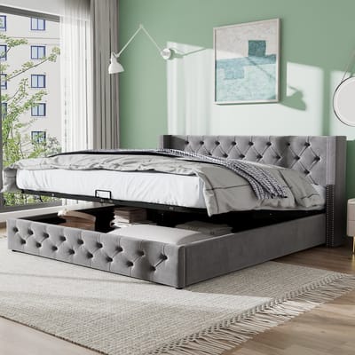 DESMIU Gestoffeerd Bed 140x200cm - Opbergbed Met Hydraulisch Mechanisme - Hoofdbord Met Ruitstiksel En Dubbele Nieten - Voor Slaapkamer - Fluweel - Grijs - Zonder Matras