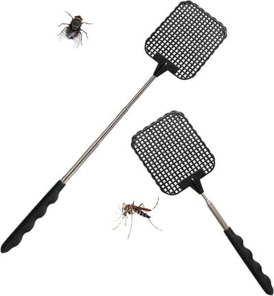 Telescopische vliegenmepper met roestvrijstalen handvat, elektrisch en uitbreidbaar voor keuken en tuin, 2 stuks