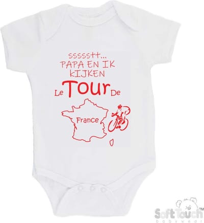100% katoenen Romper "ssssstt... Papa en ik kijken Le Tour De France" Wielrennen Papa Vaderdag Katoen Wit/rood Maat 56/62
