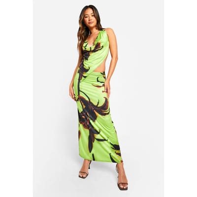 boohoo Dames Grootschalige bloemen Slinky Cowl Cami & Maxirok | Limoen | Maat: 42