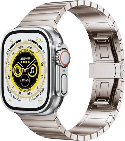 Stravo Luxe metalen bandje - Geschikt voor Apple Watch 42mm (Series 11/10), 41mm (Series 9/8/7), 40mm (Series 6/5/4, SE 1/2/3), 38mm (Series 3/2/1) - Zakelijke RVS Horlogeband met vlindersluiting - Titanium