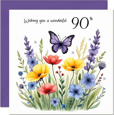 Verjaardagskaart 90 jaar - Negentigste verjaardag - Speciale gelegenheid - Bloemen en vlinder - A6 formaat