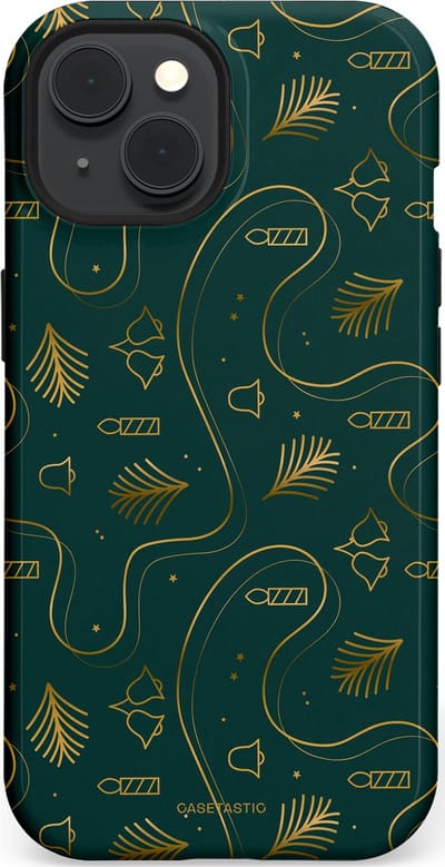 Casetastic hoesje geschikt voor Apple iPhone 15 - MagSafe - Dubbellaagse bescherming - Groene kerst bellen en takken - Fashion Case - Donkergroen Donkergrijs Petrol