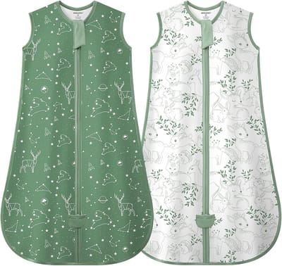 SnelShoppen - Mikafen 2-pack Babyslaapzak 0,5 tog Mouwloze Zomerslaapzak Biologisch Katoen Unisex Constellatie en Groene Vos 0-6 Maanden