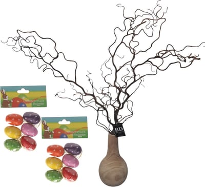 Bellatio Design Kronkelhazelaar kunst paastak - incl paaseieren stippen - 87 cm - paasdecoratie kunsttakken