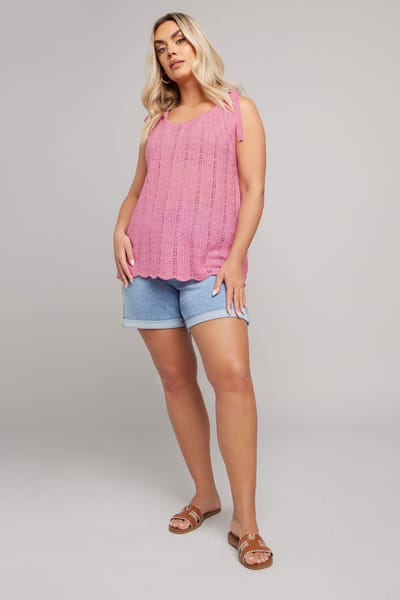 Yours Gebreide Top Met Strikbandjes En Gegolfde Zoom In Roze Size 54-56
