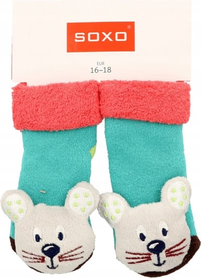Soxo - Groene Sokken voor Baby met Rammelaar – Muis Afbeelding – Maat 16-18 – Voor Meisjes en Jongens van 0-6 Maanden - Groene babysokken - Babysokken met rammelaar - Babysokjes met geluid - Baby sokken maat 16-18 - Baby sokken muis - Baby cadeau