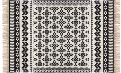 Katoenen Tapijt Met Delhi Motief - Tapijt Met Patronen - Traditioneel - Elegant - Cadeau - Woondecoratie - Huishoudtextiel - Vloerkleed - Vloerkleed Met Kwastjes Aan Beide Zijden - Tapijt - Katoen - Zwart-Witte Kleur - 120x170 Cm