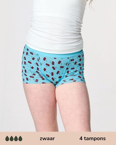 Moodies menstruatie ondergoed tiener - Bamboe Boyshort - hevig kruisje - maat 140/146 (XXS) - print kersen