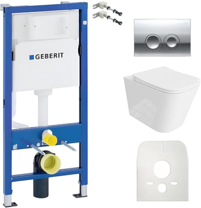 Inbouwreservoir Complete Toiletset Geberit Duofix Basic - Inbouw WC Hangtoilet Wandcloset MAIO Wit Hoogglans - Bedieningsplaat DELTA Chroom Rund - Voorwandelement - Installatiesysteem