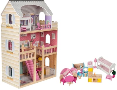 Groot houten poppenhuis met LED-verlichting en accessoires - 90 cm hoog
