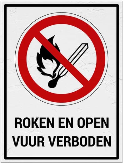 Roken en open vuur verboden bord met tekst | Sign Again materiaal | 20 x 15 cm