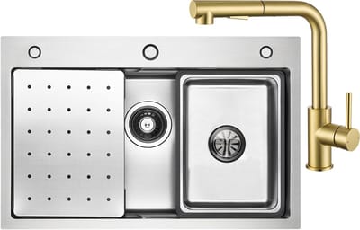 CECIPA max Spoelbakken met Kraangat 70x45 cm - Spoelbak Keuken Met Goud Keukenkraan met Uittrekbare Uitloop - Multifunctionele Spoelbak - Incl. Sifon en Afvoerzeefje - Gootsteen Voor Roestvrij staal